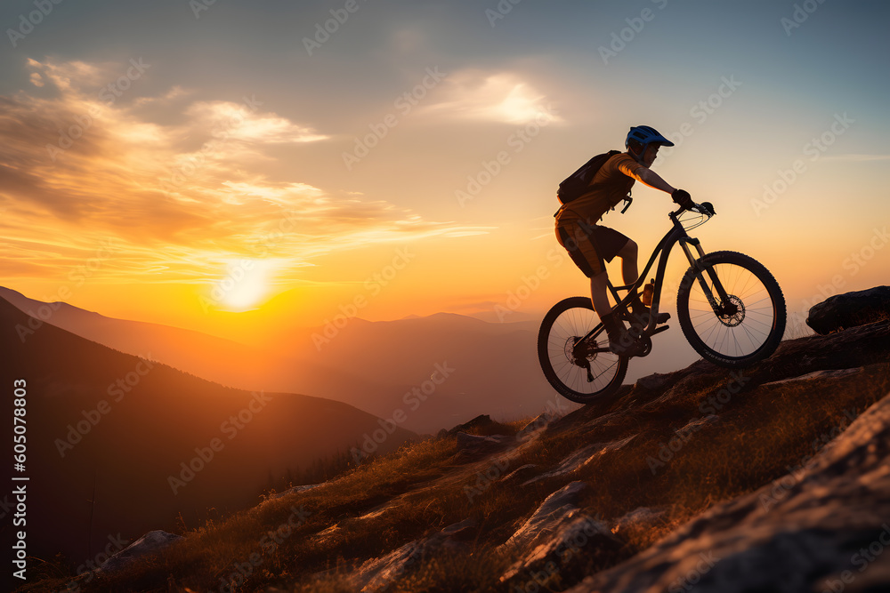 Mountain biking in sunset, Generative AI Mountain biking in sunset, Generative AI