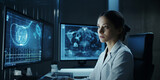 画面・スクリーンを見ながらデータ分析をする医師・薬剤師の女性（Generative AI） 