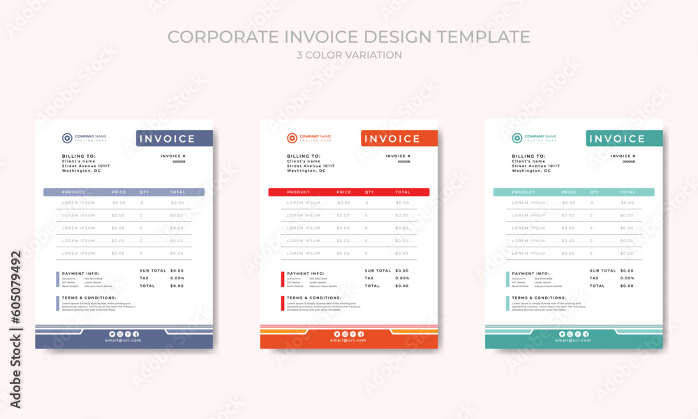 Clean Business invoice form template with 3 color themes vector template.