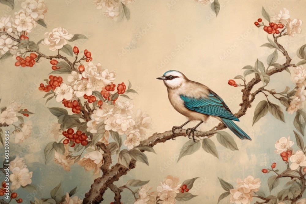 Fototapeta chinese painting pattern with cherry blossoms and a bird, in the style of hyperrealistic murals