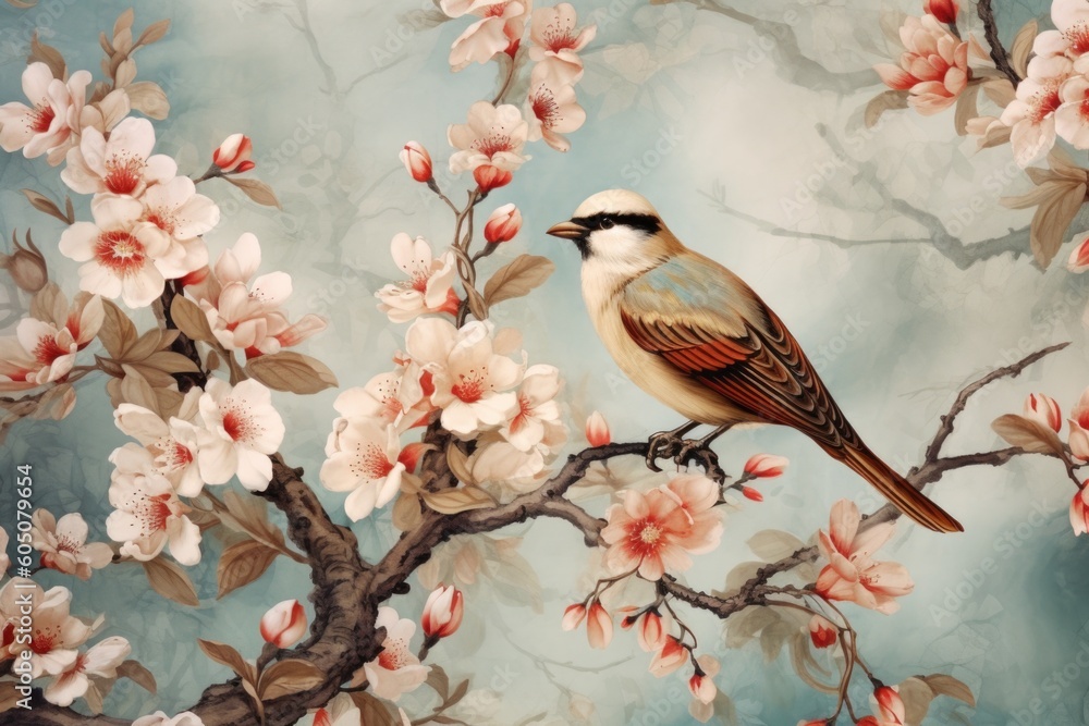 Fototapeta chinese painting pattern with cherry blossoms and a bird, in the style of hyperrealistic murals