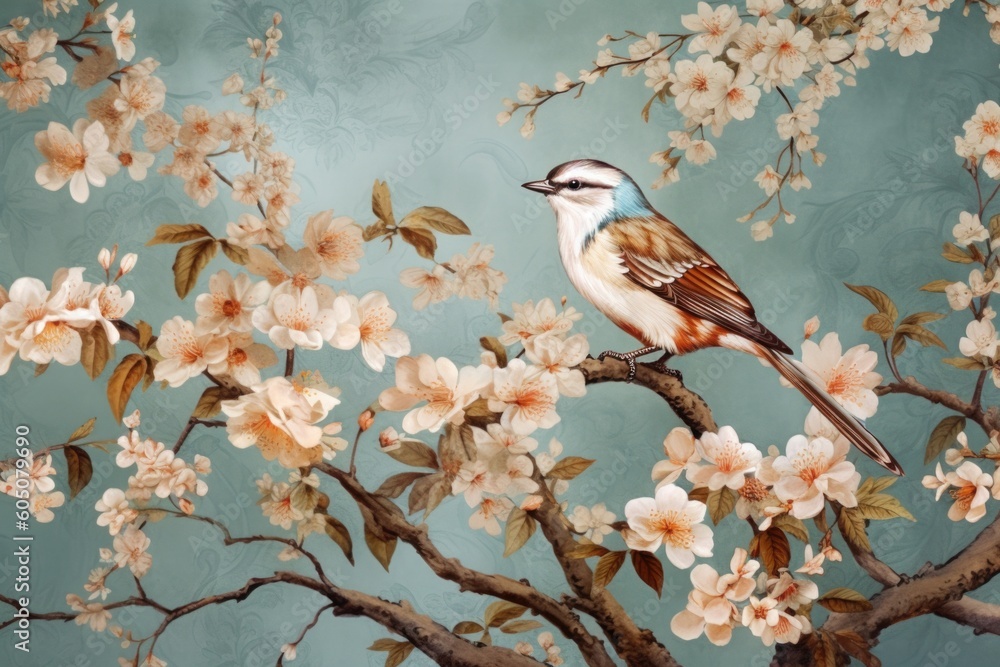 Fototapeta chinese painting pattern with cherry blossoms and a bird, in the style of hyperrealistic murals