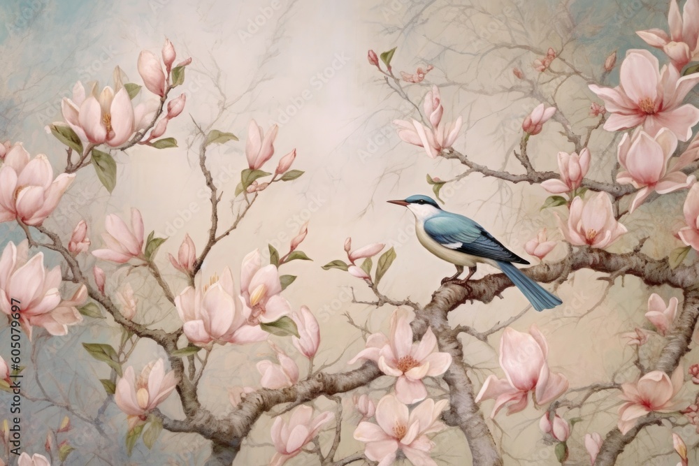 chinese painting pattern with cherry blossoms and a bird, in the style of hyperrealistic murals chinese painting pattern with cherry blossoms and a bird, in the style of hyperrealistic murals