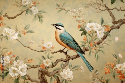 chinese painting pattern with cherry blossoms and a bird, in the style of hyperrealistic murals © EnelEva