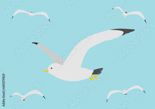 空を飛ぶカモメの群のイラストのセット_1
