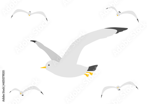 空を飛ぶカモメの群のイラストのセット_2

