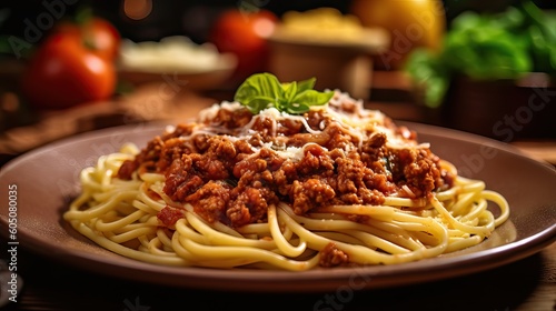 A delicious plate of spaghetti bolognese, perfectly cooked pasta draped in rich tomato-based sauce. Generative AI