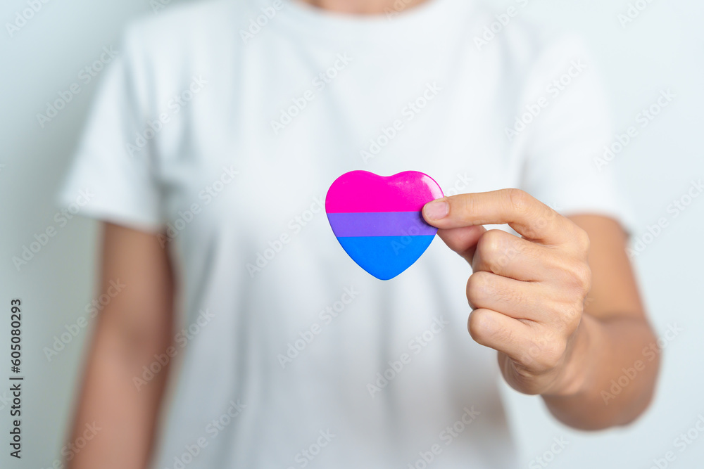 Bisexuality Celebrate Day and LGBT pride month,  LGBTQ+ or LGBTQIA+ concept. Hand holding purple, pink and blue heart shape for Lesbian, Gay, Bisexual, Transgender, Queer and Pansexual community