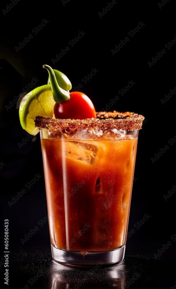 Photo shot of Bloody Mary cocktail on dark reflective background created with Generative AI technology Photo shot of Bloody Mary cocktail on dark reflective background created with Generative AI technology