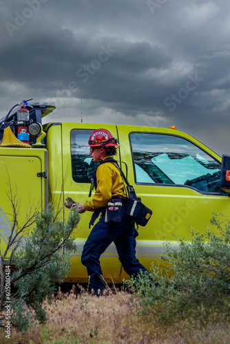 Wildland firefighters engaged in suppression operations at a vegetation fire