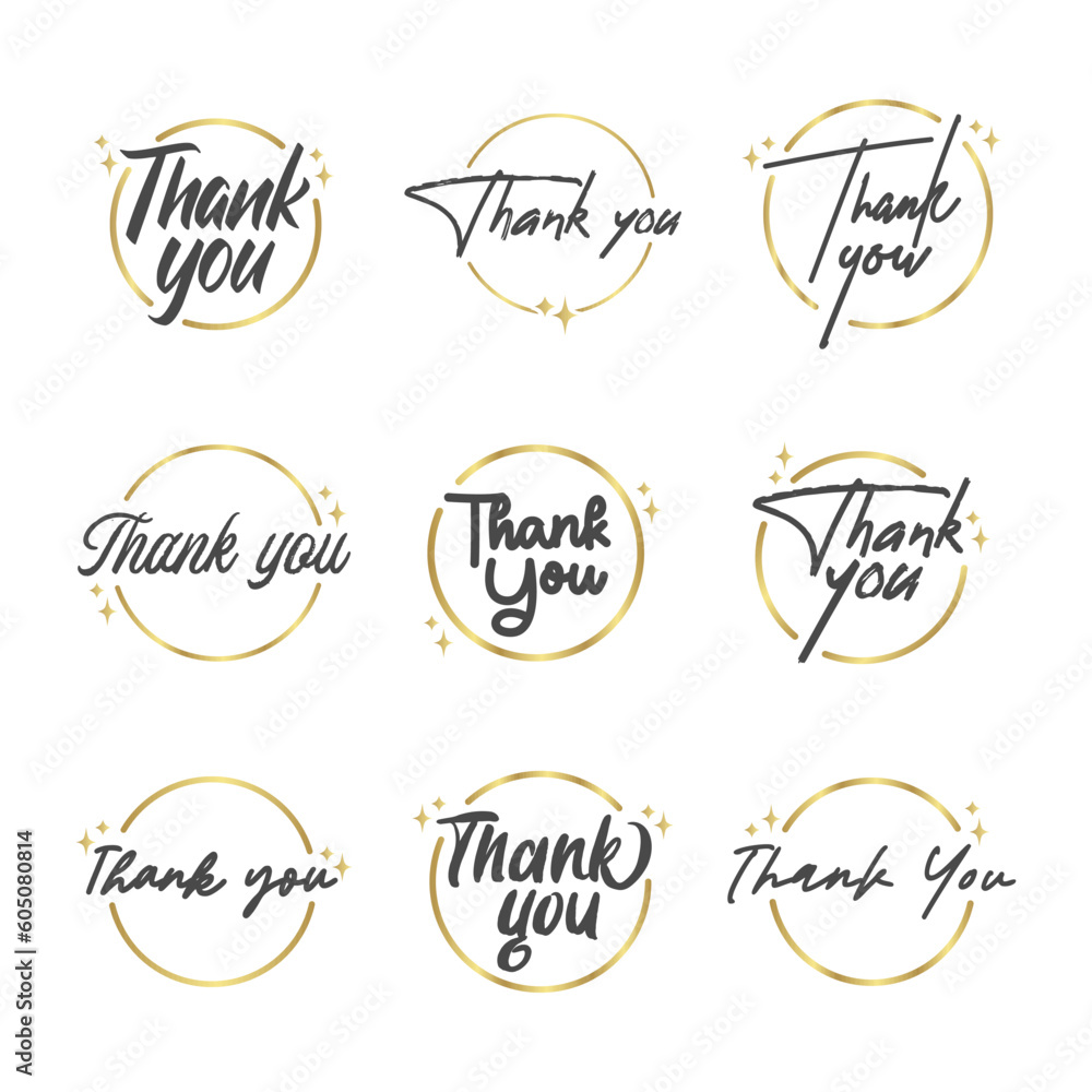 Thank you message. Beautiful greeting calligraphy text. Handwritten modern lettering with golden circle frame.