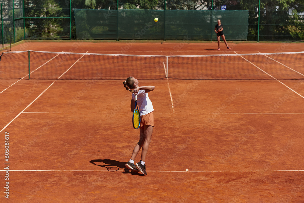 Young girls in a lively tennis match on a sunny day, demonstrating their skills and enthusiasm on a modern tennis court. Young girls in a lively tennis match on a sunny day, demonstrating their skills and enthusiasm on a modern tennis court.