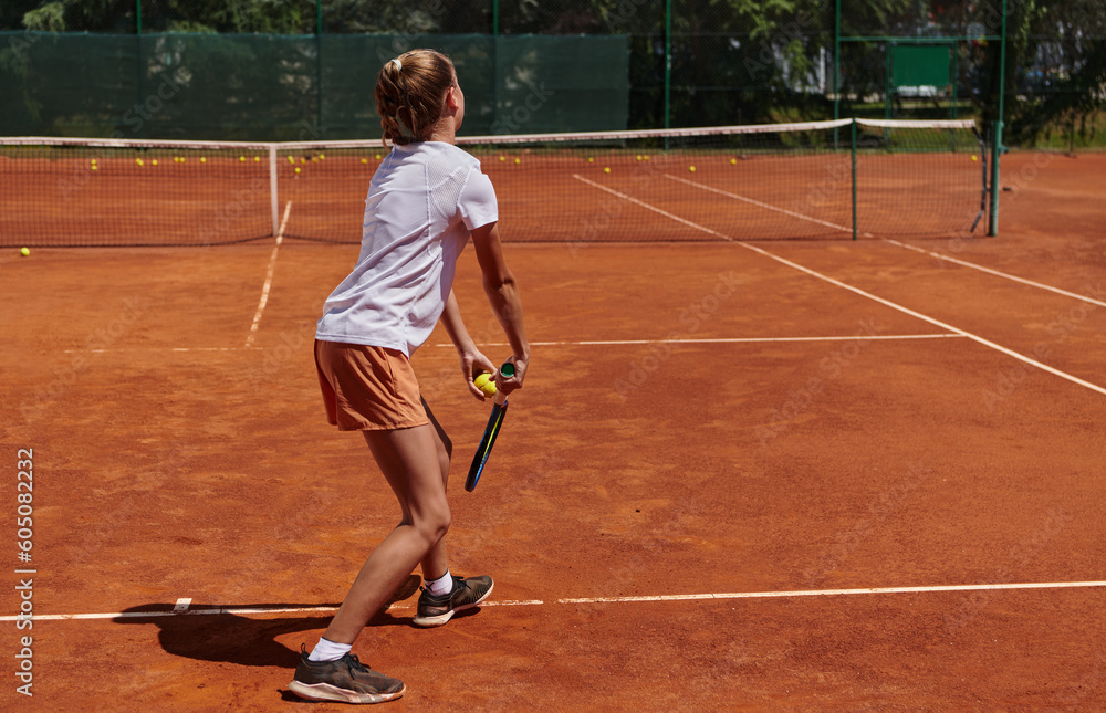 The tennis player focuses intently, perfecting her serve on the tennis court with precision and determination, displaying her dedication to improving her skills.