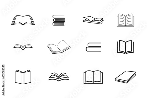 Book icon. Book outline strokes symbol set collection, white background