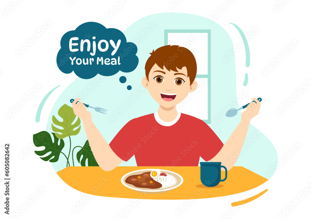 Enjoy Your Meal Vector Illustration a Variety of Delicious Food in Home or Restaurant in Flat Cartoon Hand Drawn Landing Page Background Templates Enjoy Your Meal Vector Illustration a Variety of Delicious Food in Home or Restaurant in Flat Cartoon Hand Drawn Landing Page Background Templates