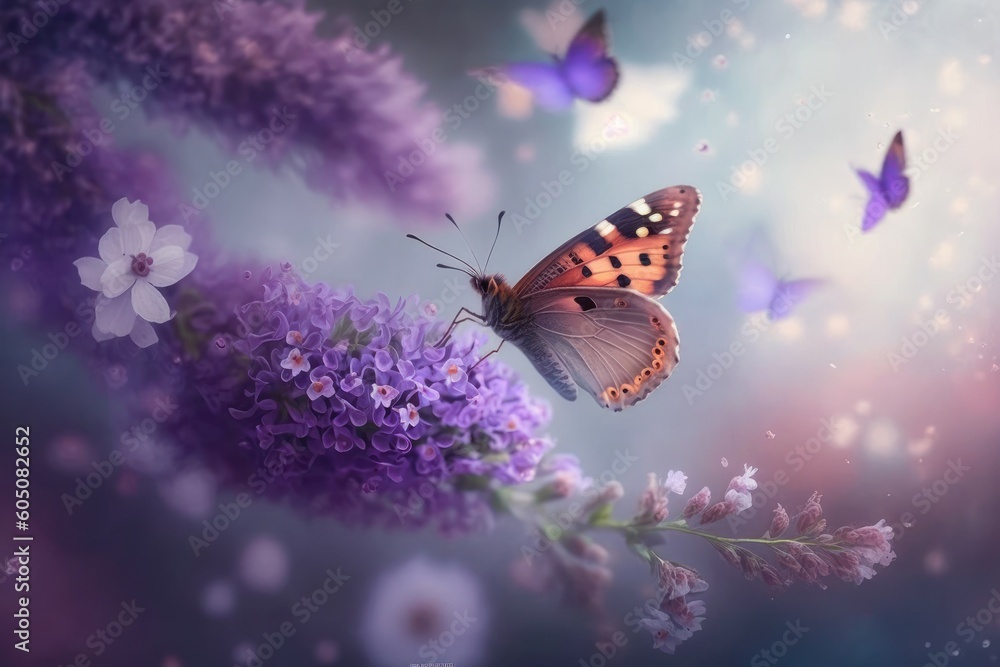 Romantic natural floral background with a butterfly on flower with bokeh, close-up macro. AI generated, human enhanced Romantic natural floral background with a butterfly on flower with bokeh, close-up macro. AI generated, human enhanced