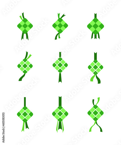 Ketupat icon set, traditional Indonesian food wrapped in green coconut leaves, eid mubarak festival