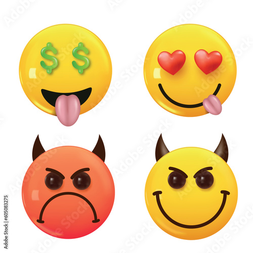 Set of 3d icon yellow color smile emoji. Set Icon Smile Emoji. Vector