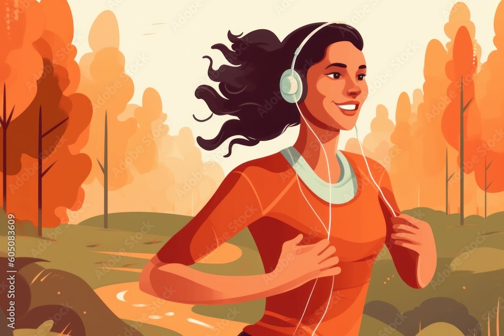 Sports woman on a morning run. Drawing style. AI generated, human enhanced