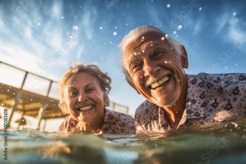Happy retired senior couple on vacation at the resort. Travel concept. AI generated, human enhanced