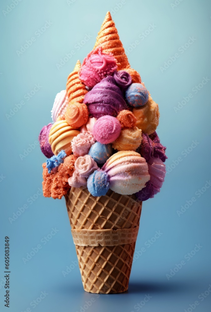 Illustration of a colourful ice cream cone with various flavours and toppings on a blue background created with Generative AI technology