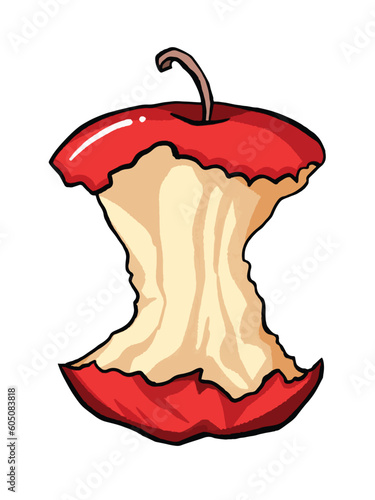Bitten red apple food waste vector illustration isolated on vertical white background. Simple flat drawing with outlined cartoon art style.
