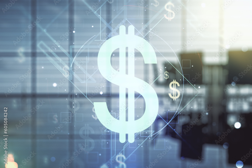 Double exposure of virtual USD symbols hologram on a modern meeting room background. Banking and investing concept Double exposure of virtual USD symbols hologram on a modern meeting room background. Banking and investing concept