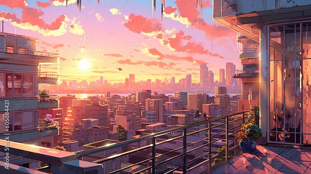 Beautiful illustration of an anime-style background at golden hour with pastel colors