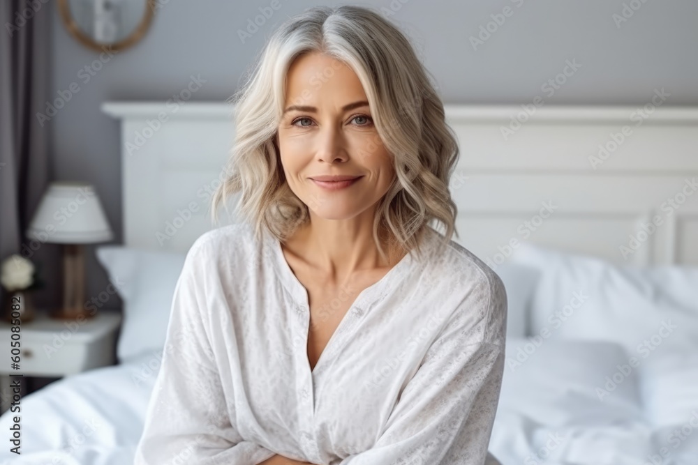 Very attractive mature women posing sitting at her bedroom looking at the camera. Generative AI Very attractive mature women posing sitting at her bedroom looking at the camera. Generative AI
