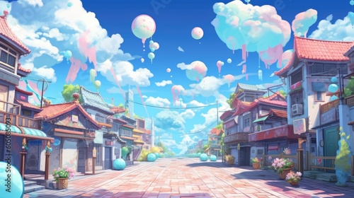 Anime illustration of a Japanese-inspired town with pastel colors