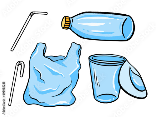 Plastics object like straws, bottle, plastic bag, plastic glass vector illustration set collection isolated on horizontal white background template. Simple flat drawing with outline cartoon art style.