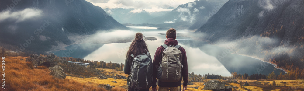 Wanderlust – Couple gazing over beautiful valley Wanderlust – Couple gazing over beautiful valley