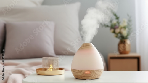 Aroma oil diffuser on table against in minimalist bedroom interior background. Generative AI. photo