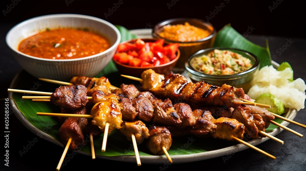 delicious meat satay on wooden table, AI generated. delicious meat satay on wooden table, AI generated.