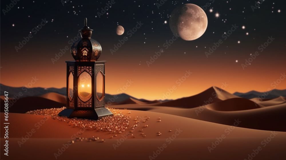Eid adha lantern on a night sky with stars and moon. AI generated. Eid adha lantern on a night sky with stars and moon. AI generated.