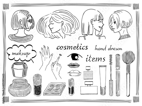 シンプルラインアートのモノトーン手描きの女性の顔や　色々なメイクアイテムセット　フレーム　ポイントの手