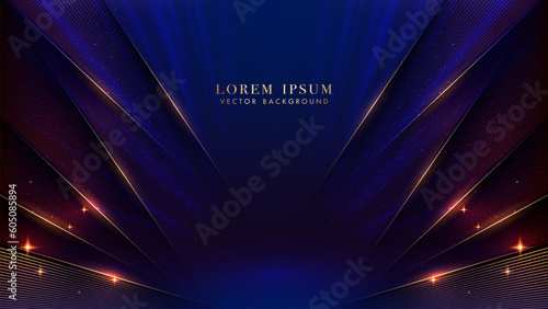Diagonal golden lines, gold glowing lines, light beam and glitter light effects element decoration on dark blue background. Luxury style vector design
