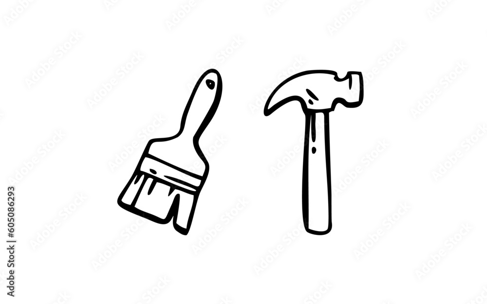 BRUSH AND HAMMER Doodle art illustration with black and white style. BRUSH AND HAMMER Doodle art illustration with black and white style.