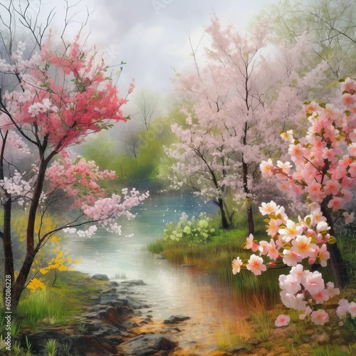 AI generative art of a painting of trees along a stream, surrounded by flowers