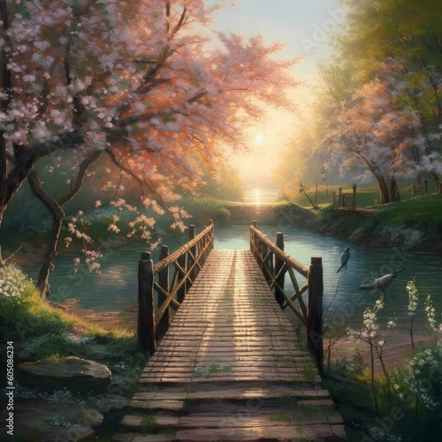 AI generative art of a painting shows the bridge across a river with a blossomy tree