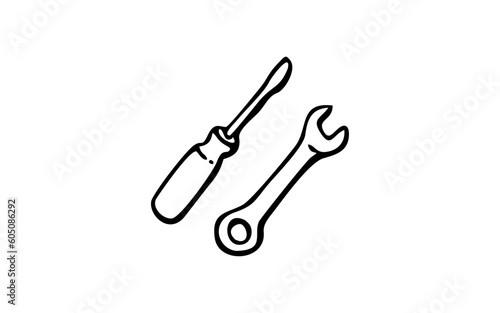 WRENCH Doodle art illustration with black and white style.