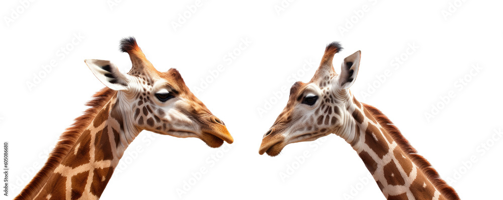 Fototapeta premium a Giraffe portrait with two Giraffes face-to-face, wildlife-themed, photorealistic illustrations on a transparent background cutout in PNG. Generative ai