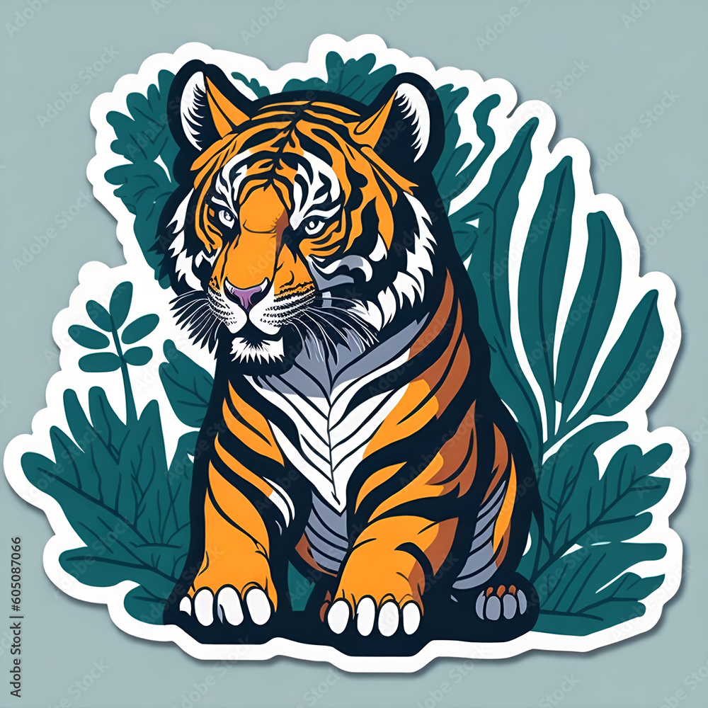 Fototapeta A sticker of a tiger in the leaves background. Generative AI