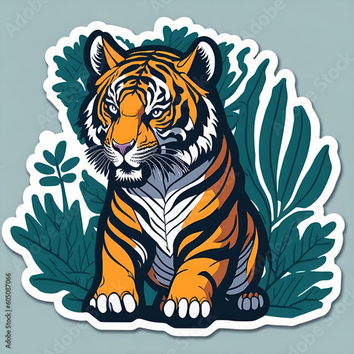A sticker of a tiger in the leaves background. Generative AI