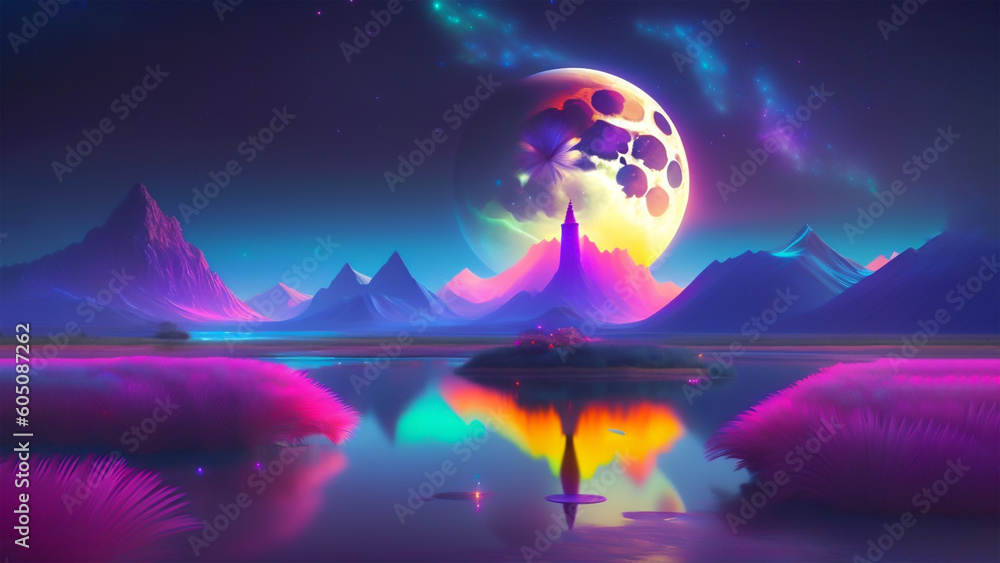 .Abstract background with the mountain around the lake in the universe and the moon at the top of image. Generative AI