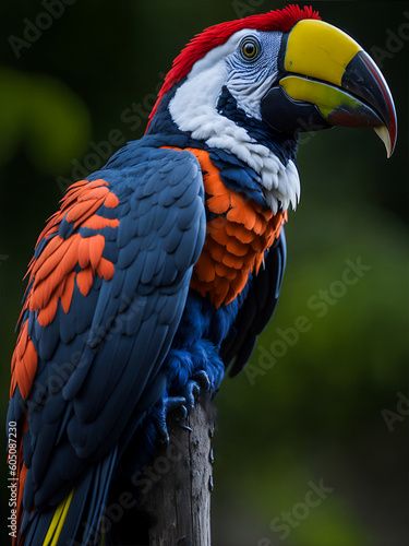 A colorful parrot on the pillar. Generative AI