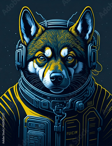 A wolf with the headphone and an astronaut suit in a digital painting. Generative AI