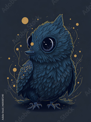 A cute owl in a digital painting in the surreal background. Generative AI
