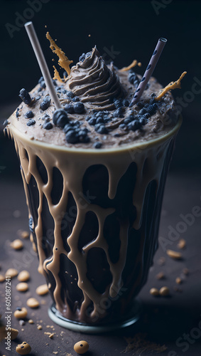 A chocolate milk tea with the lots of topping. Generative AI