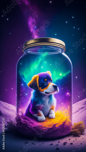 A dog in a vase in the terrestrial universe of a distant planet. Generative AI
